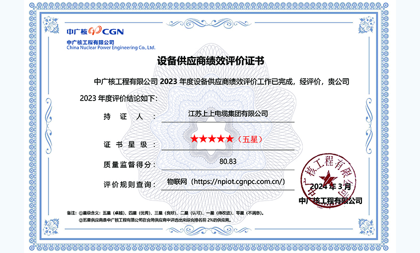 上上再次獲評中廣核工程有限公司年度五星供應商